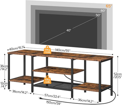 TV Stand with Power Outlets to 65 Inches, TV Console Table with Open Storage Shelves, Industrial Media Entertainment Center for Living Room Bedroom, Rustic Brown and Black BF40DS01