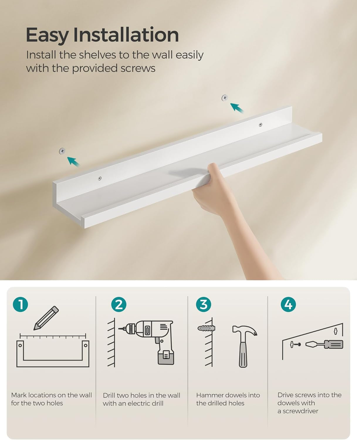 Floating Shelves, Set of 3 Wall Shelves, 15-Inch Wide, for Photo Frames and Trinkets, for Living Room, Home Office, Kitchen, Bathroom, White ULWS38WT