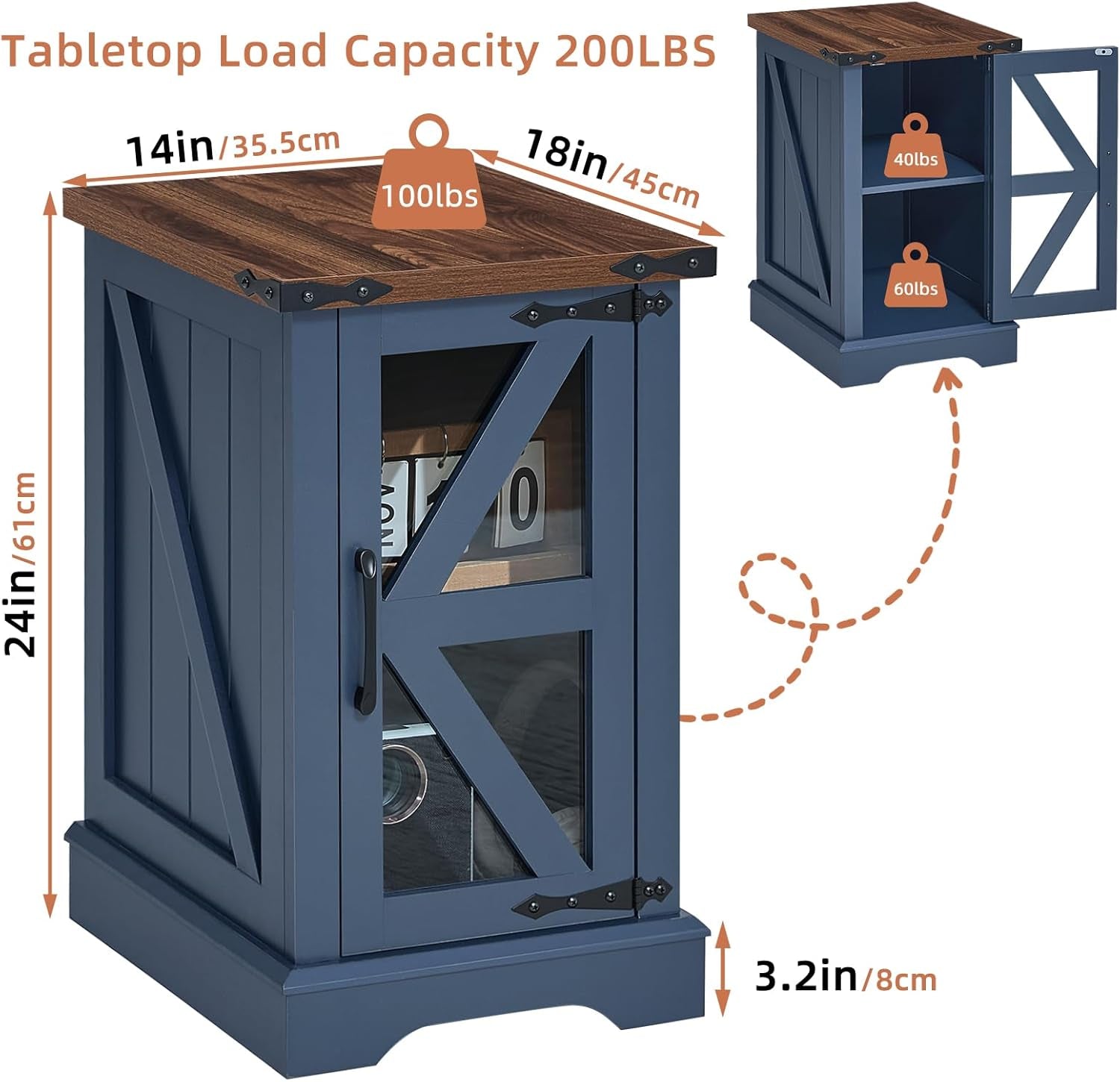 Narrow Night Stand for Small Spaces, Farmhouse Side End Table with Glass Barn Door Storage, Navy Blue Bedside Tables, Nightstand Cabinet Organizer for Living Room Bedroom