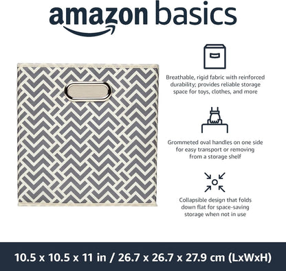 Collapsible Storage Bins with Handle, Space-Saving, Breathable Cube Organizer, 10.5" X 10.5" X 11", Chevron Grey, 6-Pack