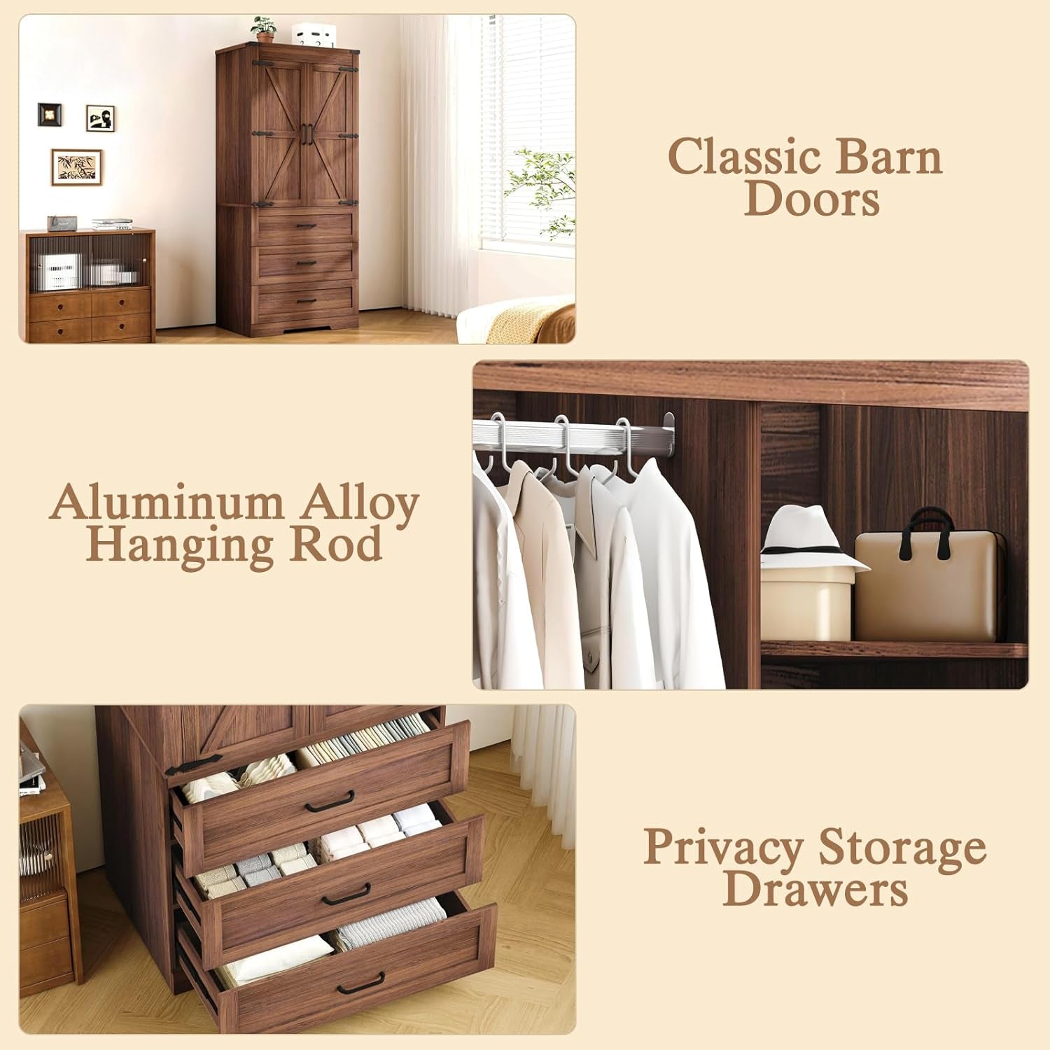 70" Tall Wardrobe Closet with 2 Doors & 3 Drawers, Farmhouse Armoire with Hanging Rod, Wooden Armoire Wardrobe Closet for Bedroom, Freestanding Clothing Storage Cabinet, Brown