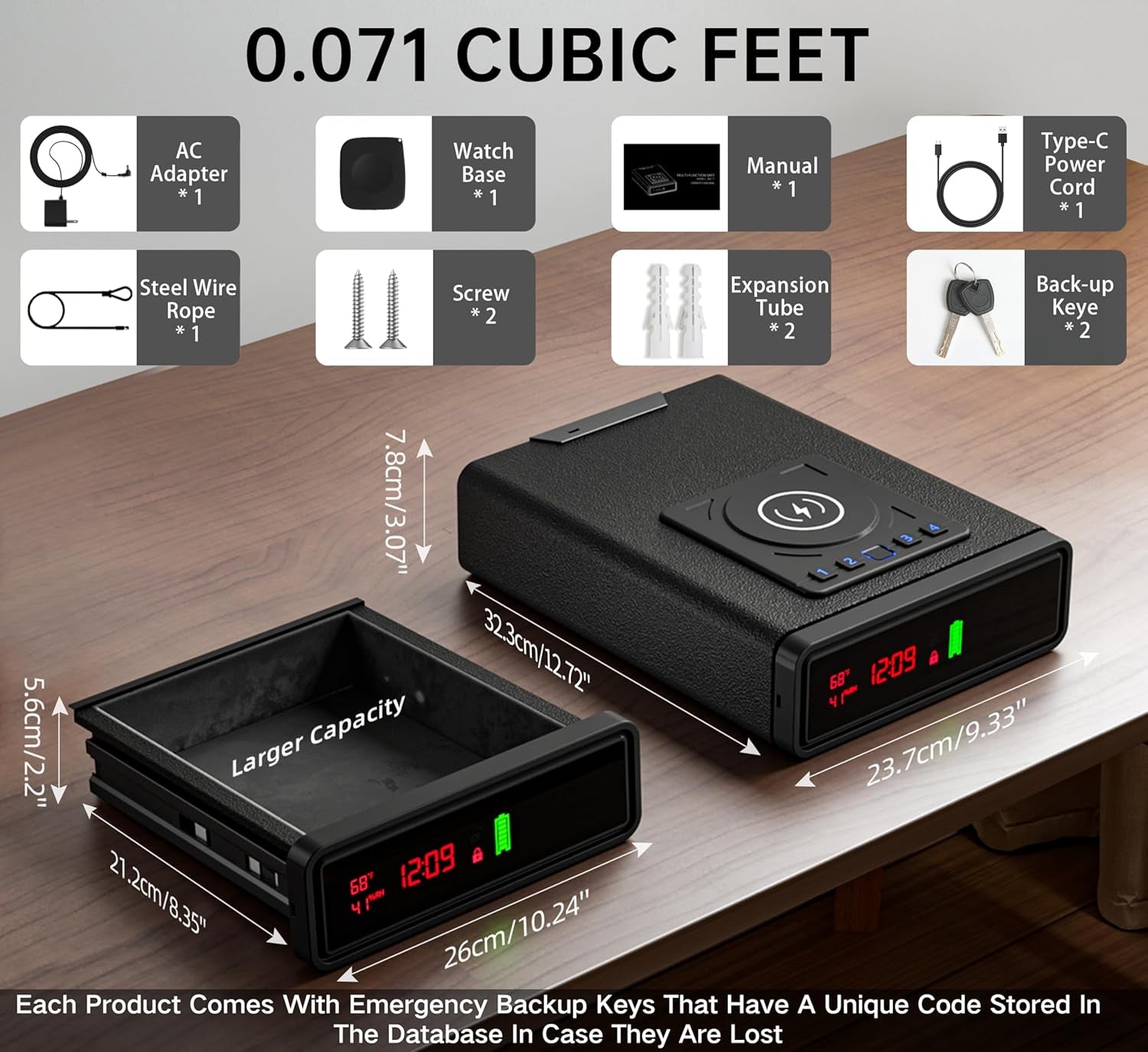 Biometric Alarm Clock Safe with Wireless Charging for Phone and Watch, 3 Quick Access Stopbox with Fingerprint Backlit Keypad - Compact Nightstand Drawer with LED Light, 24/7 Digital Clock, Bedside