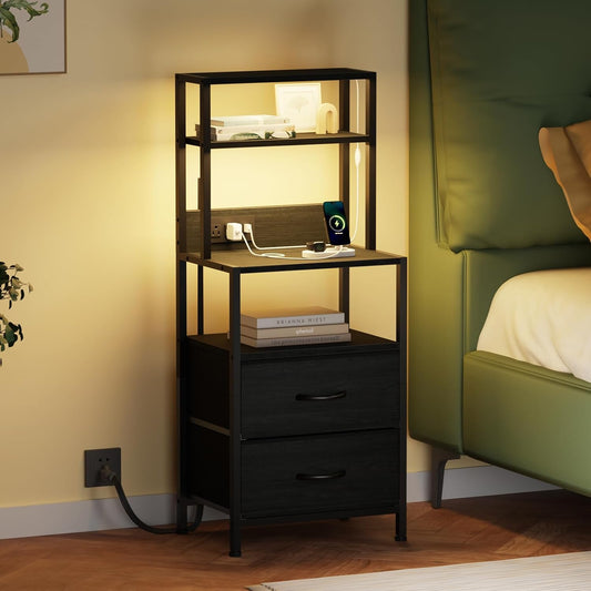 Night Stand, Tall Nightstand with 4-Tier Shelves, 2 Fabric Drawers and Light Tube, Bed Side Tables with Charging Station, Bedside Table for Bedroom, Office, Black Oak