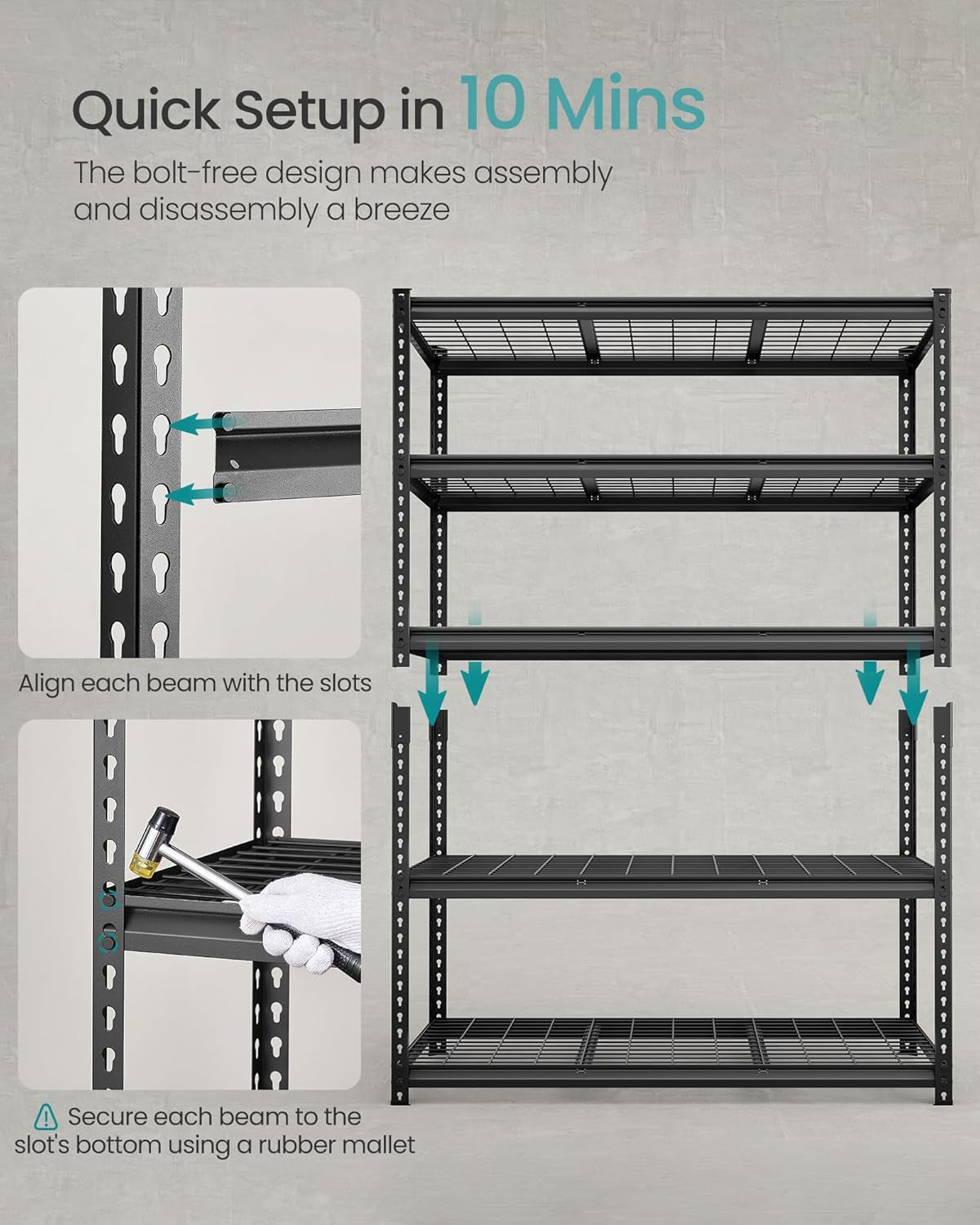 5-Tier Storage Shelves, Heavy-Duty Garage Shelving, Adjustable Shelving Unit, Steel Shelf, Boltless Assembly, for Garage, 2,200 Lb Load, 24 X 144 X 72 Inches, Ink Black UGLR454B03