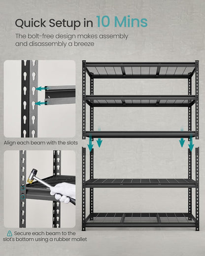 5-Tier Storage Shelves, Heavy-Duty Garage Shelving, Adjustable Shelving Unit, Steel Shelf, Boltless Assembly, for Garage, 2,200 Lb Load, 24 X 144 X 72 Inches, Ink Black UGLR454B03