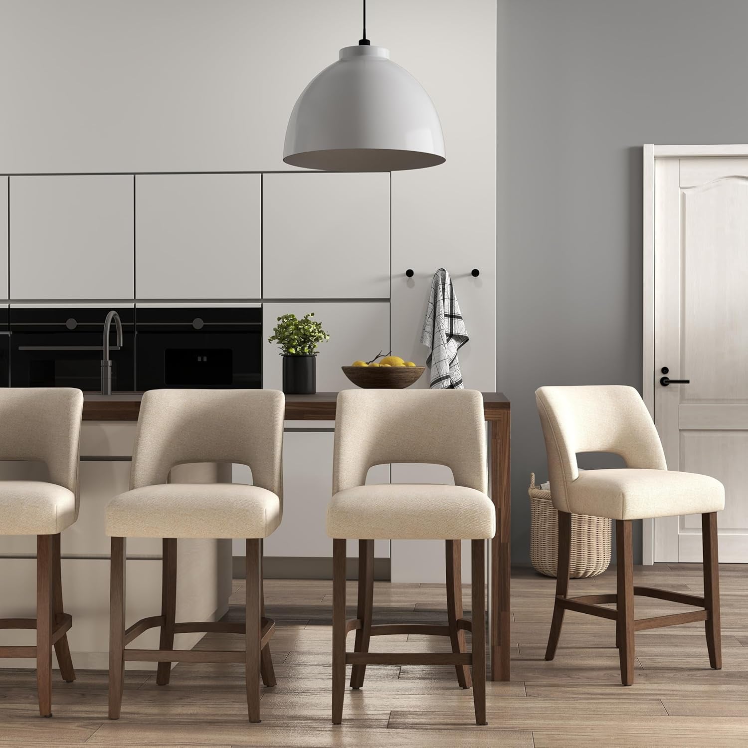 Bar Stools Set of 4,Upholstered Counter Height Bar Stools,Modern Counter Stools with Wood Legs for Kitchen Island Dining Room Bar,Beige