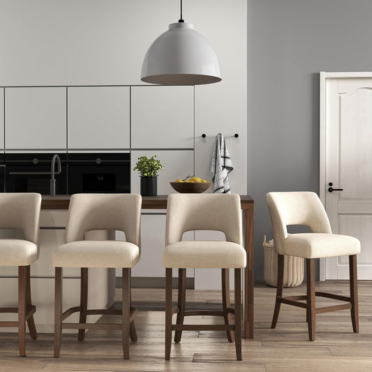 Bar Stools Set of 4,Upholstered Counter Height Bar Stools,Modern Counter Stools with Wood Legs for Kitchen Island Dining Room Bar,Beige