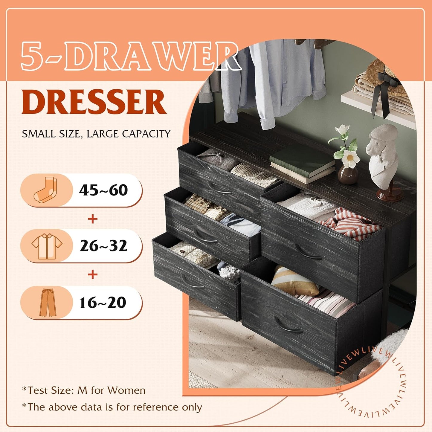 Dresser for Bedroom with 5 Drawers, Wide Dressers with Drawer Organizers, Chest of Drawers, Fabric Dresser for Living Room, Closet, Hallway, Charcoal Black Wood Grain Print