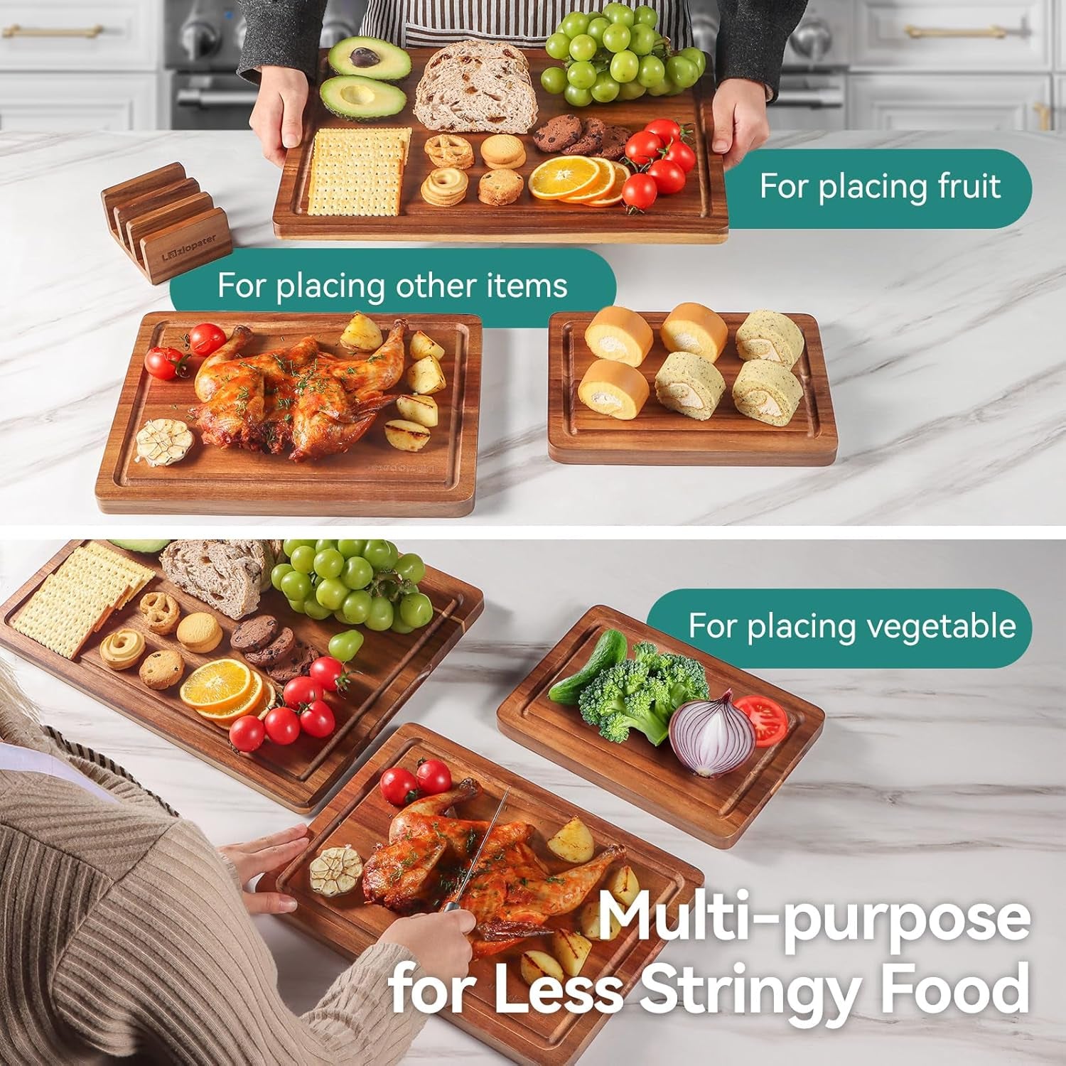 Acacia Wood Cutting Board，Solid Wood Cutting Board for Kitchen with Holder with Deep Juice Grooves & Built-In Handles, Durable Wooden Chopping Board Set of 3 for Meat, Vegetables and Fruits