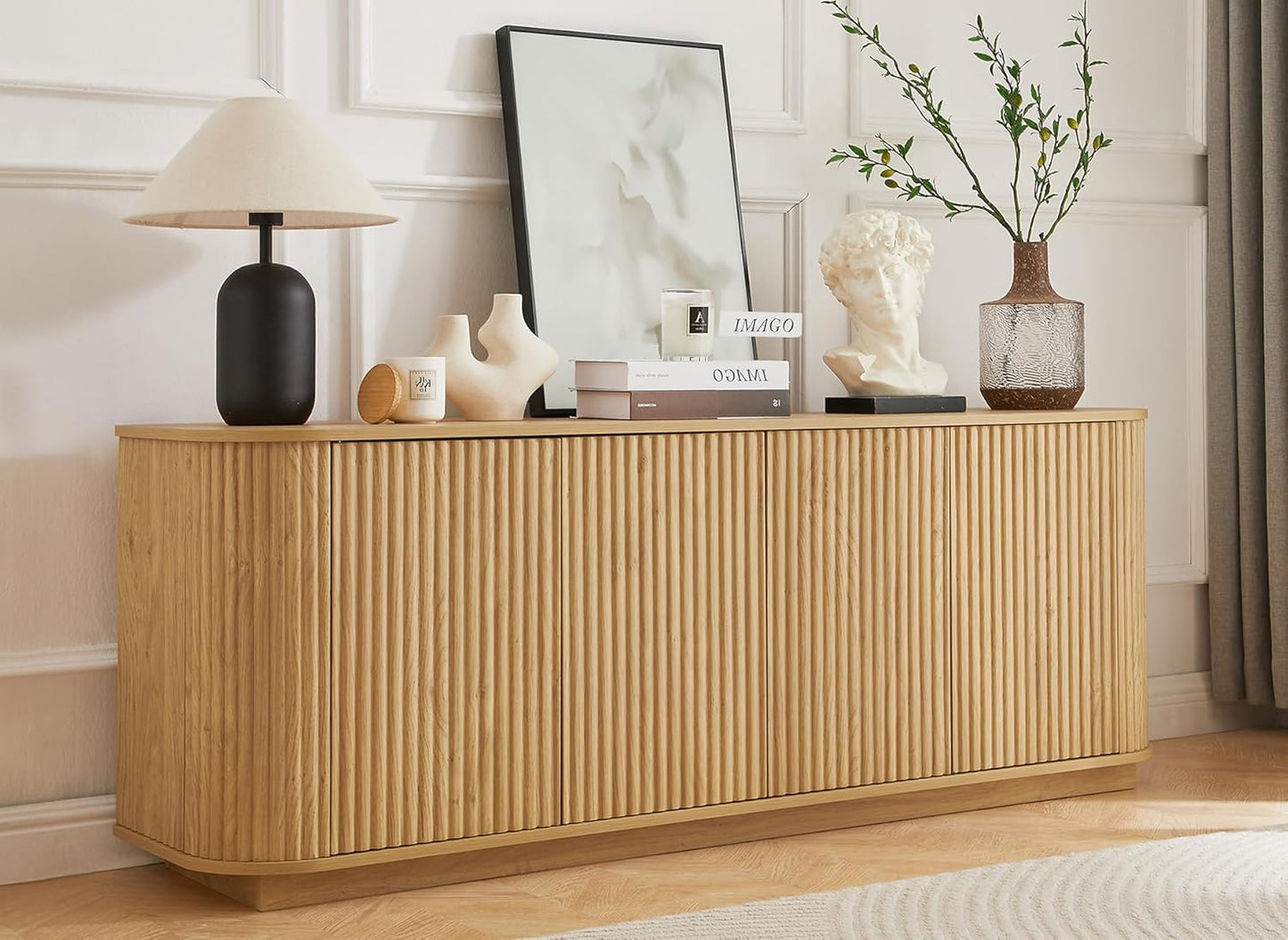 64" Sideboard Buffet Cabinet with Storage, Wooden Fluted Storage Cabinet Sideboard with Adjustable Shelves Pressed Spring for Kitchen Living Room (Natural Oak)