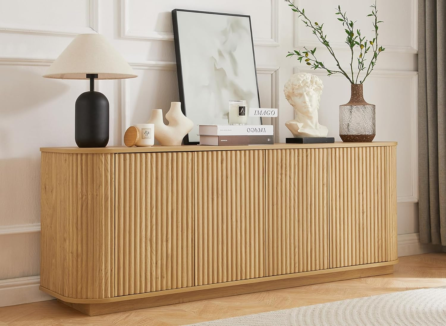 64" Sideboard Buffet Cabinet with Storage, Wooden Fluted Storage Cabinet Sideboard with Adjustable Shelves Pressed Spring for Kitchen Living Room (Natural Oak)