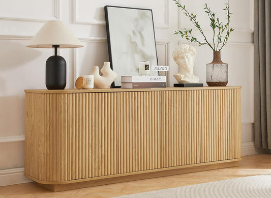 64" Sideboard Buffet Cabinet with Storage, Wooden Fluted Storage Cabinet Sideboard with Adjustable Shelves Pressed Spring for Kitchen Living Room (Natural Oak)
