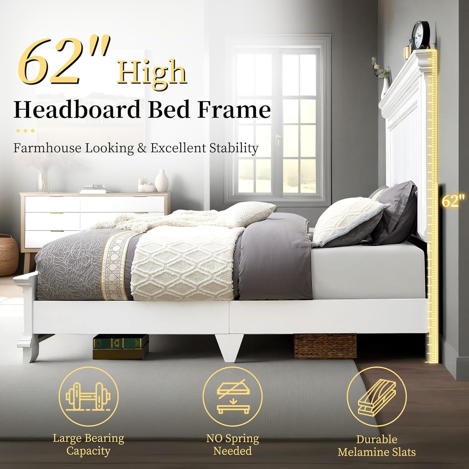 King Size Solid Wood Bed Frame with Headboard and Footboard, Noiseless Farmhouse Platform Bed, No Box Spring Needed, Rustic Bed Base with 12 Wood Slats Support, Distressed