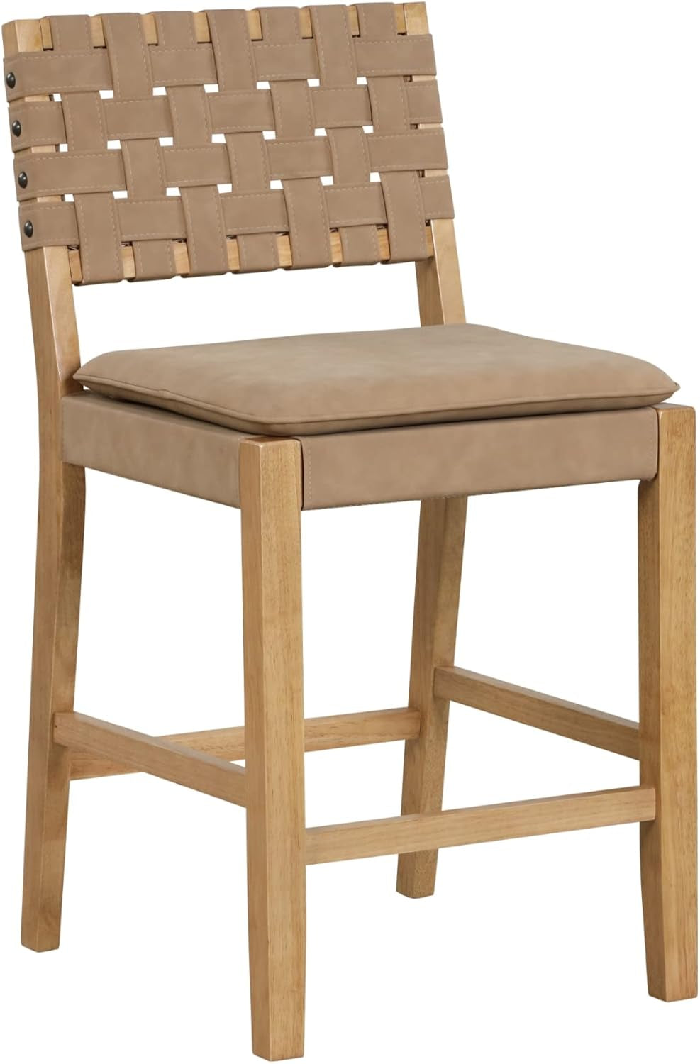 Cohen Mid-Century Modern Leather Bar Stool, Counter Height Chair in Solid Wood Frame with Footrest and Woven Leather Back for Kitchen, Natural Brown, 1 Count, Barstool - 24"