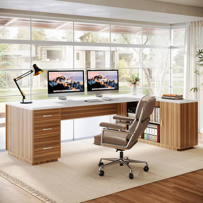 85.8-Inch L-Shaped Executive Desk with File Drawers, Door Cabinet & Shelves, Extra Large Commercial Office Desk, Modern Professional Office Table, White & Brown Business Furniture