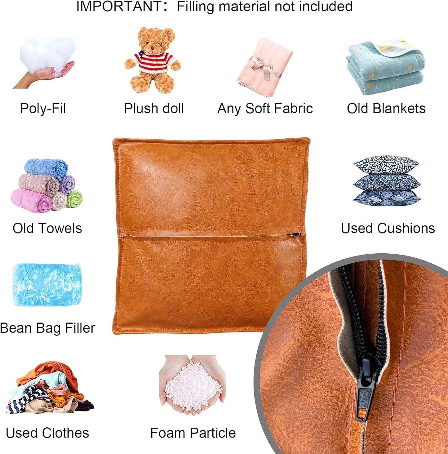 Pouf Ottoman, Unstuffed Pouf Cover, Handmade Faux PU Leather Moroccan, Orange Brown 17.7" Square, Foot Rest for Living Room, Floor Chair Gifts for Men Women, (Only Cover)