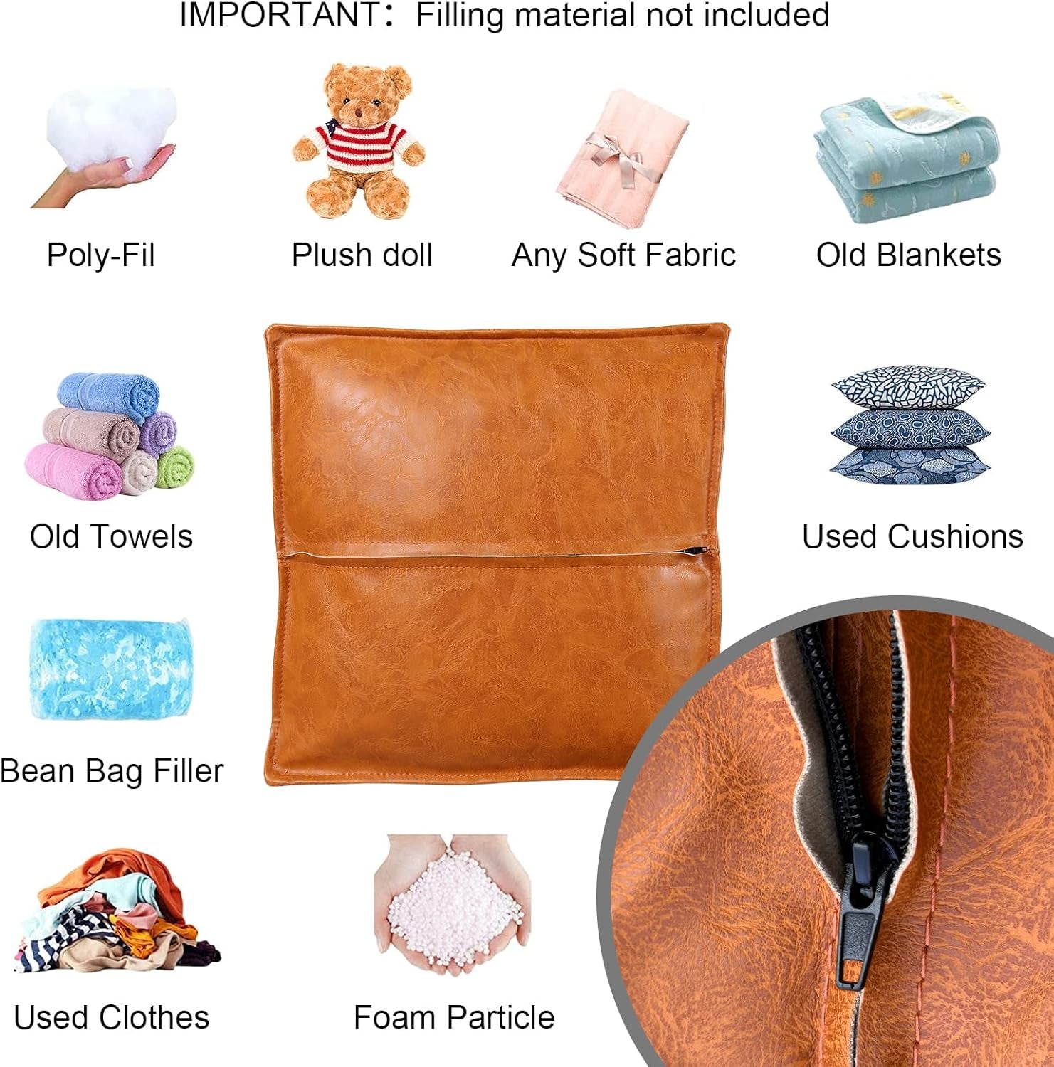 Pouf Ottoman, Unstuffed Pouf Cover, Handmade Faux PU Leather Moroccan, Orange Brown 17.7" Square, Foot Rest for Living Room, Floor Chair Gifts for Men Women, (Only Cover)