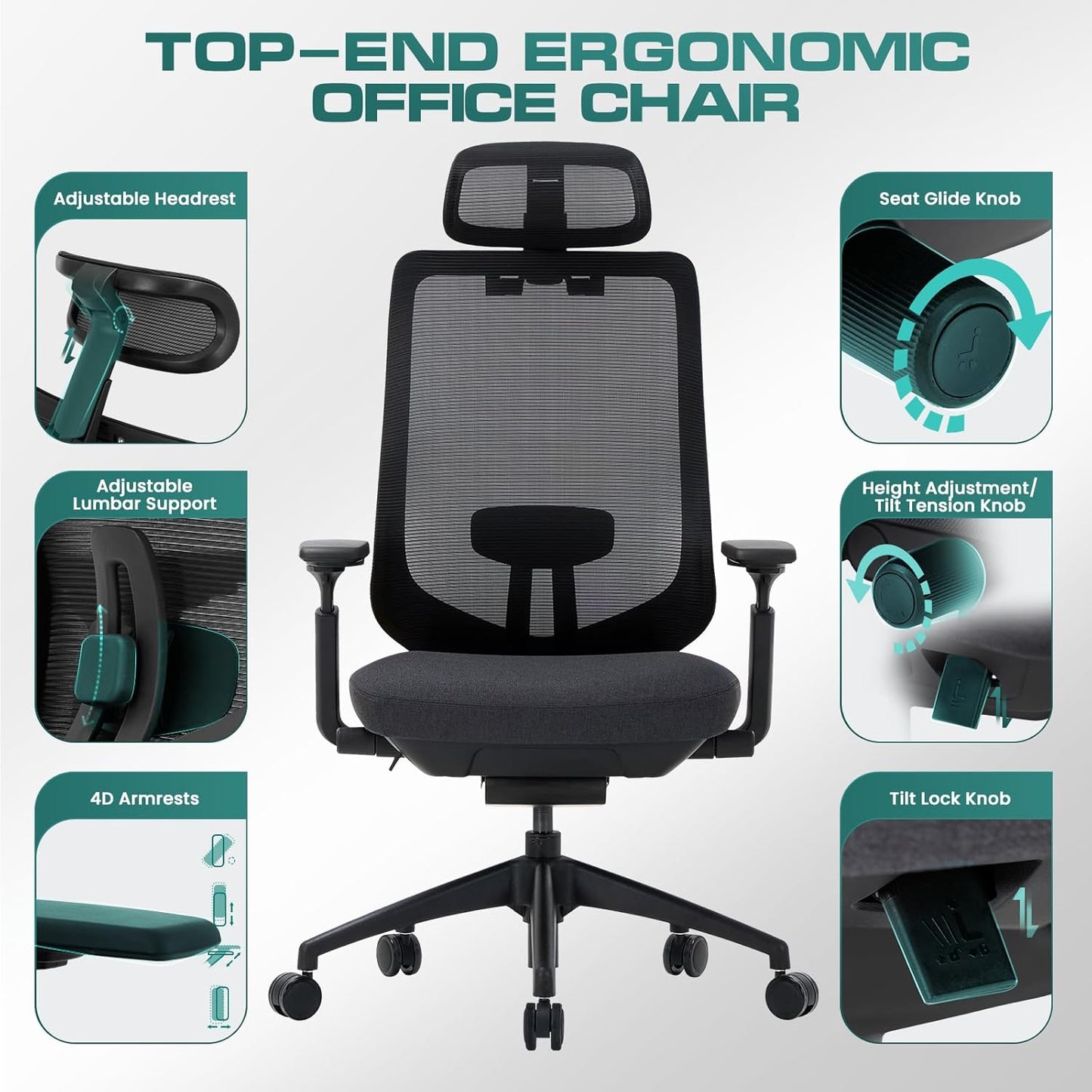 Ergonomic Mesh Office Chair,High Back Computer Executive Desk Chair,Lumbar Support with Adjustable Headrest and 4D Arms, Slide Seat, Tilt Lock-Black
