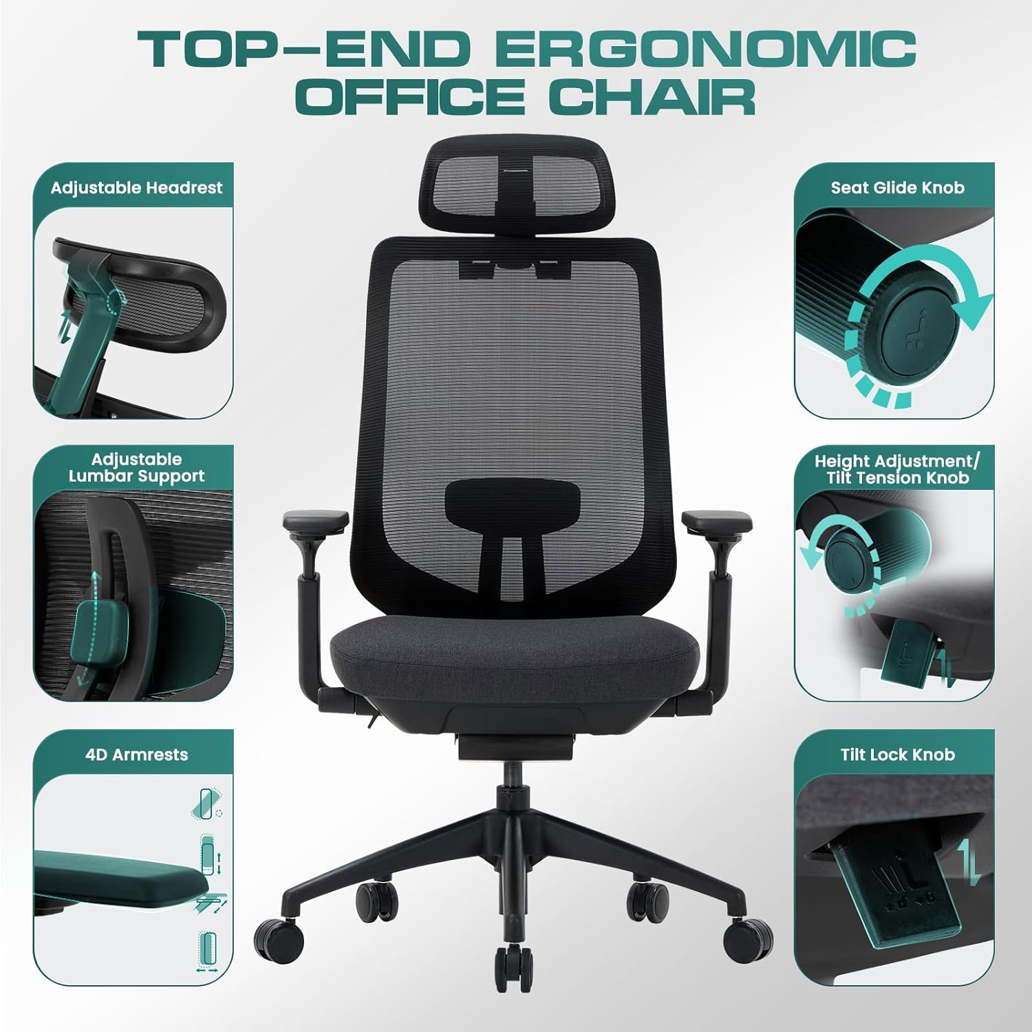 Ergonomic Mesh Office Chair,High Back Computer Executive Desk Chair,Lumbar Support with Adjustable Headrest and 4D Arms, Slide Seat, Tilt Lock-Black