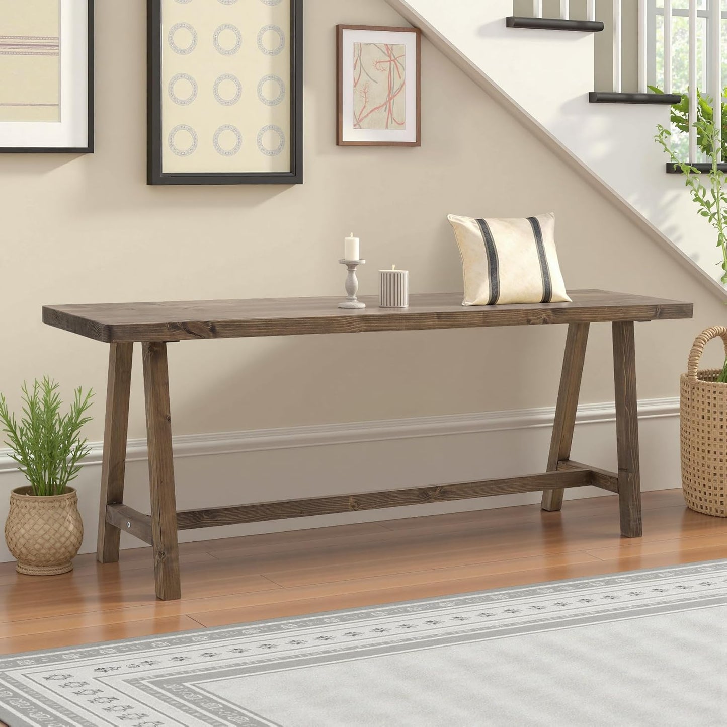 Solid Wood Bench, 47.2” Rustic Farmhouse Entryway Bench for Living Room Dining Room Hallway Closet Room, Indoors & Outdoors Bench