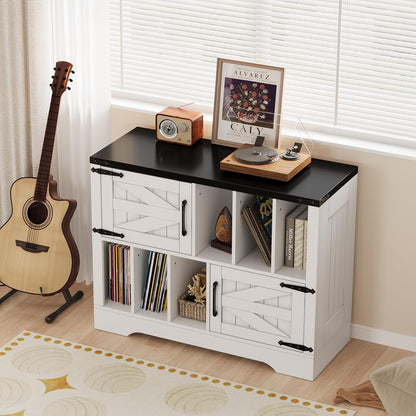 39" Large Record Player Stand with Vinyl Storage, Farmhouse Wood Vinyl Record Storage Cabinet with Barn Doors, Mid-Century Modern Turntable Stand for Living Room, White