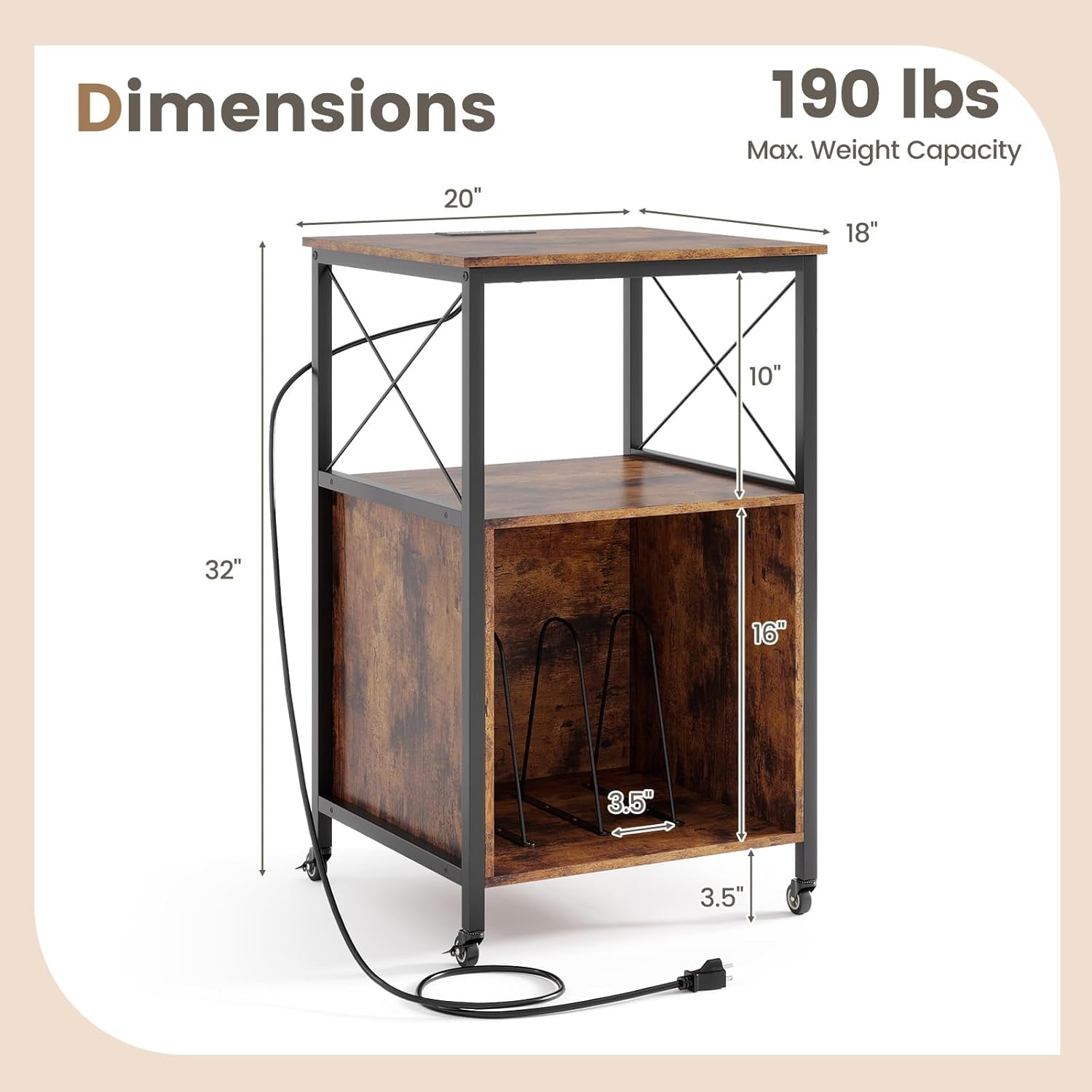 Record Player Stand with Charging Station, Rolling 3-Tier Turntable Stand with Open Shelf & Dividers, Record Player Table with Metal Frame, Vinyl Record Storage on Wheels for Living Room