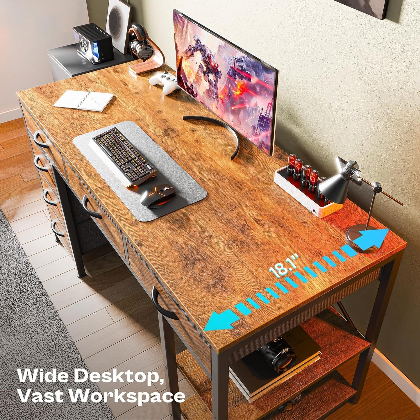 Computer Desk with 6 Drawers, Office Desk with Shelves, Reversible Gaming Desk, Corner Desk with Storage, Work for Home Office, Study, Living Room, 47Inch, Rustic Brown