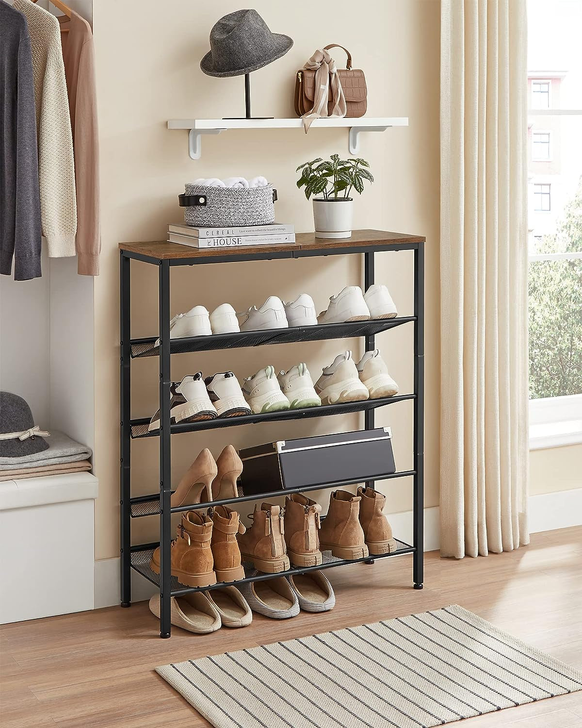 Shoe Rack for Entryway, 5-Tier Shoe Rack Organizer with Storage Shelves and Spacious Top, Freestanding, Adjustable, Industrial, Charcoal Grey and Metallic Silver ULBS038E22