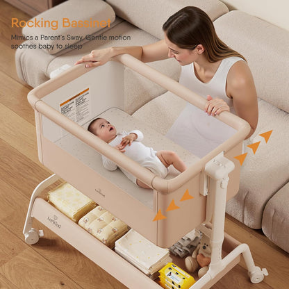 3-In-1 Baby Bassinet, Rocking Bassinet, Bedside Bassinet for Baby, Stable and Secure Bassinet Bedside Sleeper for Newborn & Infant, 6 Height Adjustable with Wheels, Mattress & Breathable Mesh (Khaki)