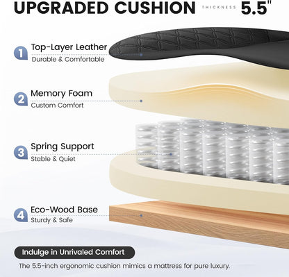 Office Desk Chair, Big and Tall Leather Gaming Chair with Footrest, Wide Ergonomic Comfy Executive High-Back Reclining Computer Chairs, Swivel Rolling Wheels and Padded Lumbar Support, Black