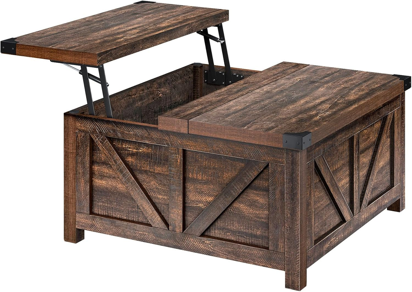 Farmhouse Lift Top Coffee Table with Storage, Wood Square Center Table with Charging Station&Usb Port, Living Room Table W/Large Hidden Space, for Living Room, Bedroom, Home Office, Brown