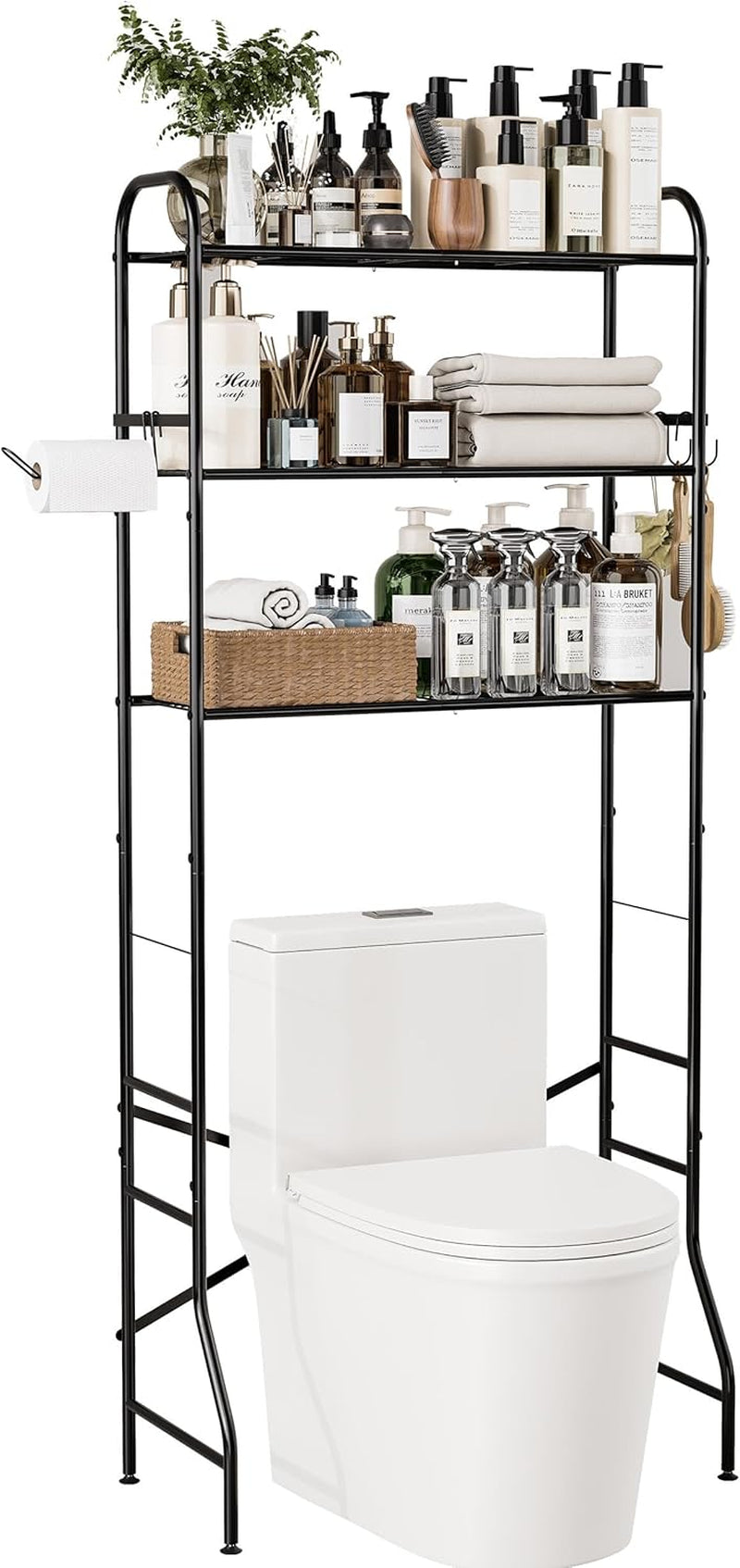 Over the Toilet Storage Rack, 3-Tier Metal Bathroom Organizer with Hooks, over the Toilet Storage Cabinet, Space Saver Shelf for Bathroom, Black, 23.6" X 13.0" X 63.4"