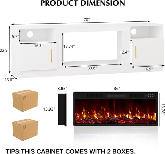 Fireplace Tv Stand with 36 Inch Fireplace up to 80" Tvs,Led Light Entertainment Center and Storage, 70" Modern Wood Media TV Console with Highlight Cabinet for Living Room (White)