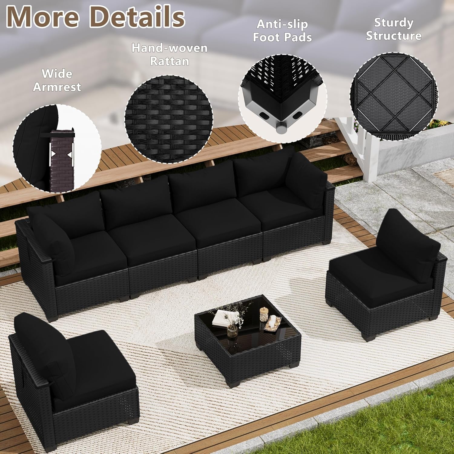7 Piece Outdoor Patio Furniture Set, Outdoor Sectional Sofa, Wicker Rattan Patio Furniture, Patio Conversation Set with Coffee Table & Cushions