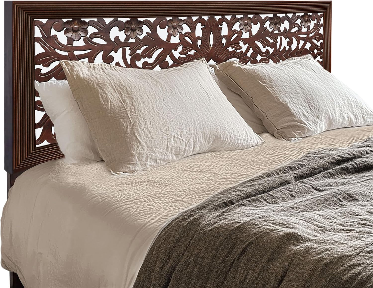 Solid Wood Sturdy Queen Headboard - Compatible with All Bed Frame - Intricate Hand Carved Rajasthan Motif - Bohemian Transitional - Beautiful for Any Bedroom - Rustic Antique Brown