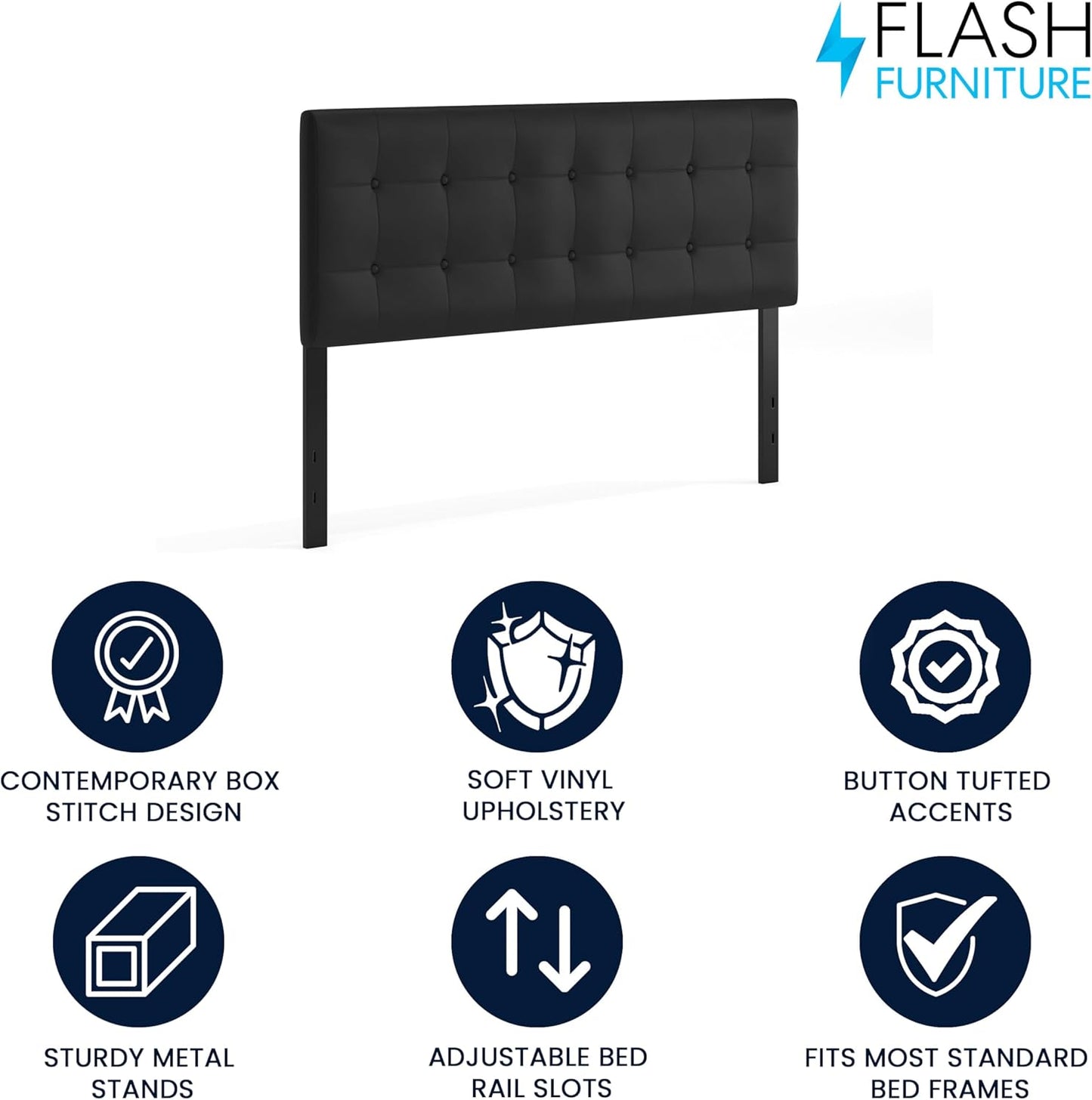 Lennox Adjustable Height Button Tufted and Box Stitch Upholstered Queen Size Headboard in Black Vinyl