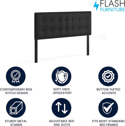 Lennox Adjustable Height Button Tufted and Box Stitch Upholstered Queen Size Headboard in Black Vinyl