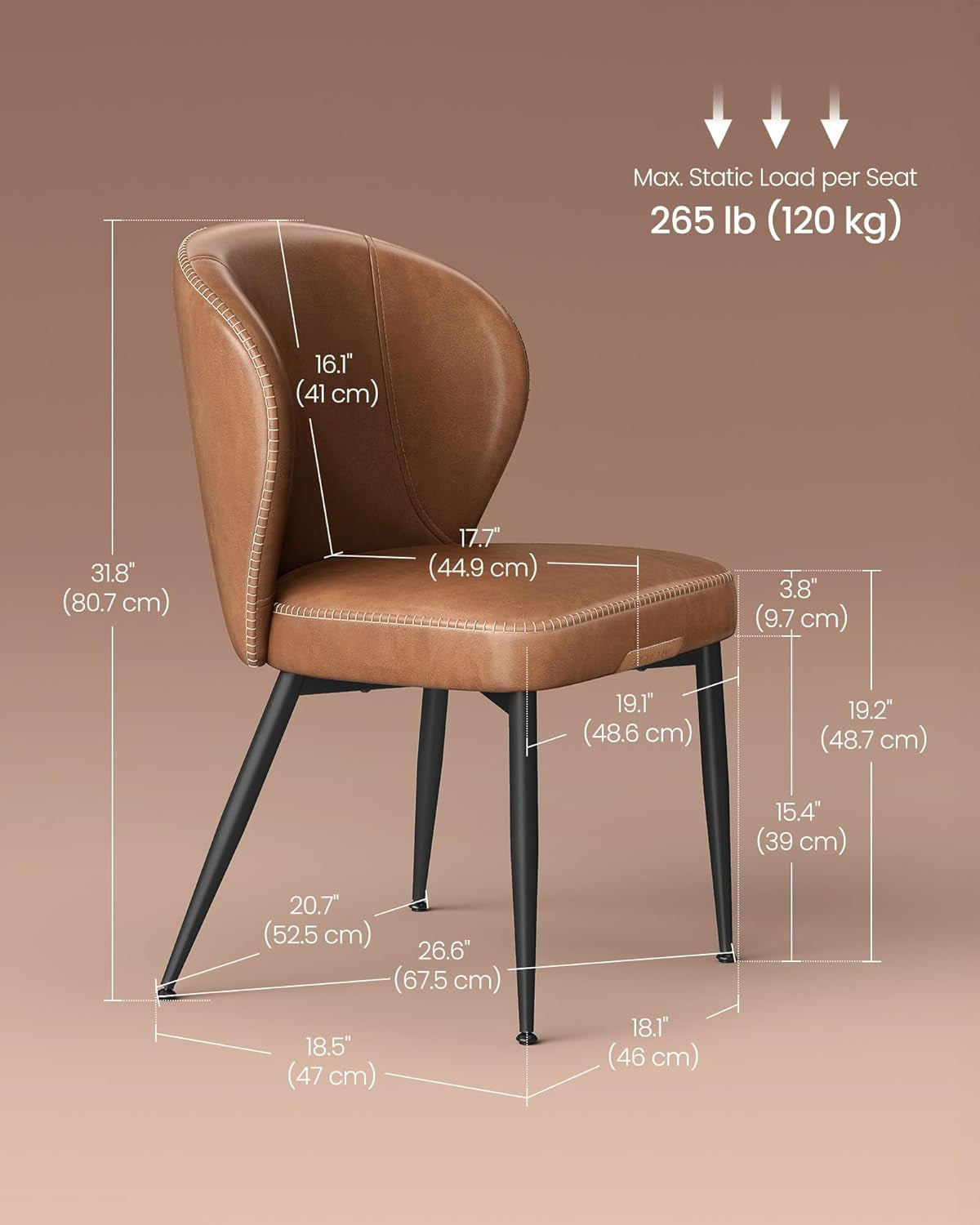 EKHO Collection - Dining Chairs Set of 2, Upholstered Kitchen Chairs, Comfortable Seat, Synthetic Leather with Stitching, Mid-Century Modern, Easy Assembly, Living Room Lounge, Caramel Brown
