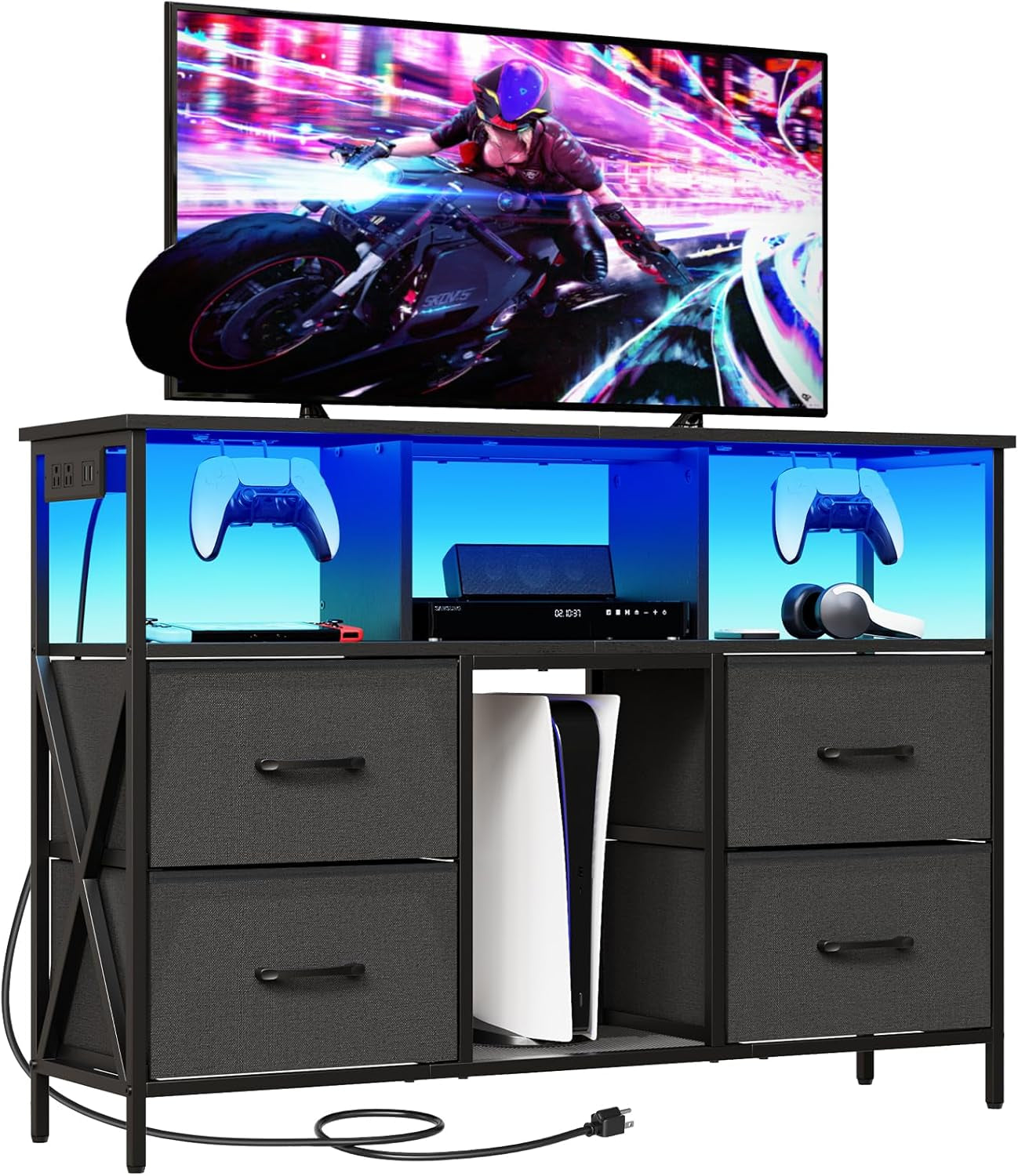 Dresser TV Stand, Entertainment Center with Power Outlets and LED Light, Media Console with Drawers and Open Shelves for 50'' TV, for Living Room, Bedroom, Black TVHB110E01N1