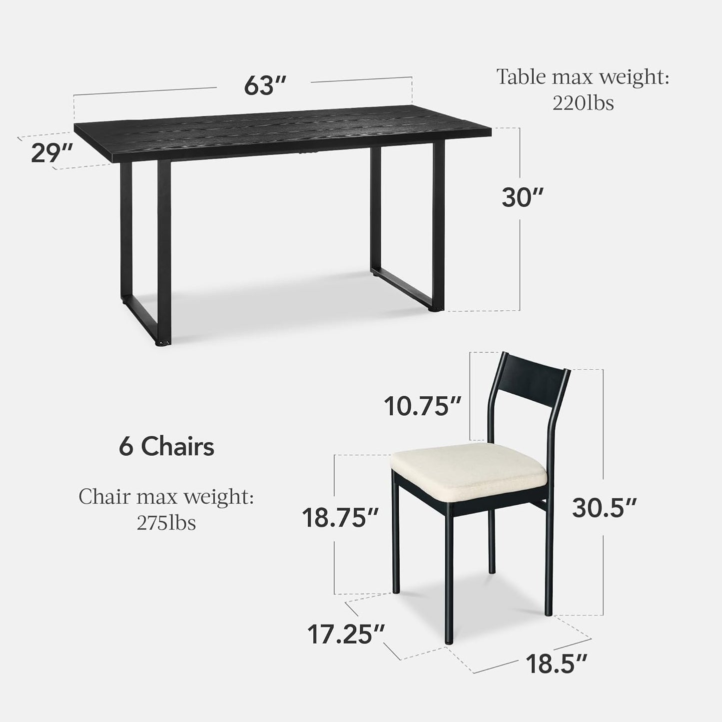 7-Piece Modern Dining Room Set, Kitchen Table Set, Dining Table W/ 6 Chairs, Upholstered Cushions, Solid Metal Frame, Curved Backrest - Black/Ivory