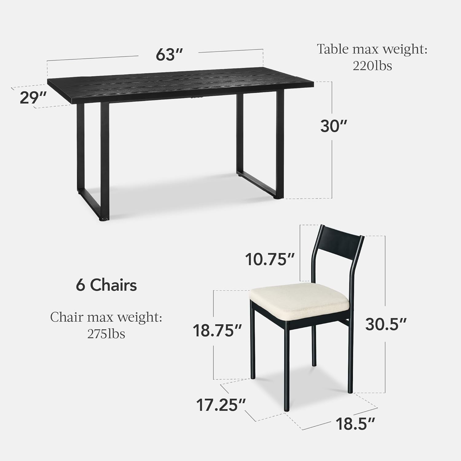 7-Piece Modern Dining Room Set, Kitchen Table Set, Dining Table W/ 6 Chairs, Upholstered Cushions, Solid Metal Frame, Curved Backrest - Black/Ivory