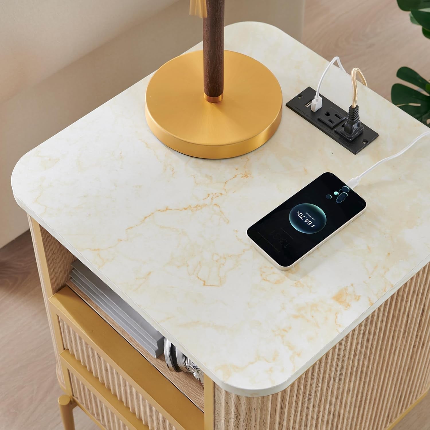 Modern Chic Fluted Nightstand Luxury with Charging Station, End Table/Bed Side Table W/2 Drawers, Faux Marble Tabletop, Gold Metal Decor, Curved Edge Design, Natural Oak