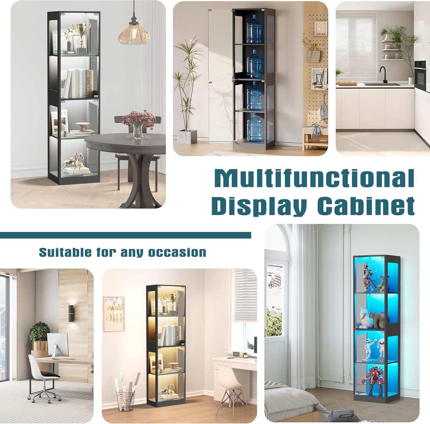 Glass Display Cabinet, 4-Tier Display Cases for Collectibles, Curio Cabinet with RGB Lights, Glass Bookcase Shelf Display Kids Toy Cabinets for Collectible, Living Room, Playroom (Black)