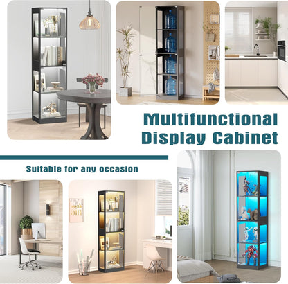 Display Cabinet with Glass Doors, 4-Tier Display Case with RGB Lights, Glass Toy Display Cabinet for Collectible, Curio Cabinets Collectibles Display Shelf for Playroom, Living Room (Black)