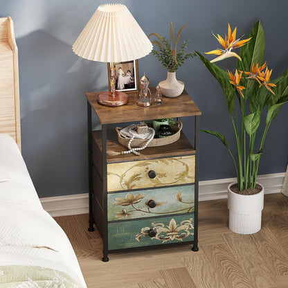 Nightstand with 3 Fabric Drawers Retro End Table with Storage Shelf Vintage Side Table for Bedroom Living Room Sofa beside Farmhouse