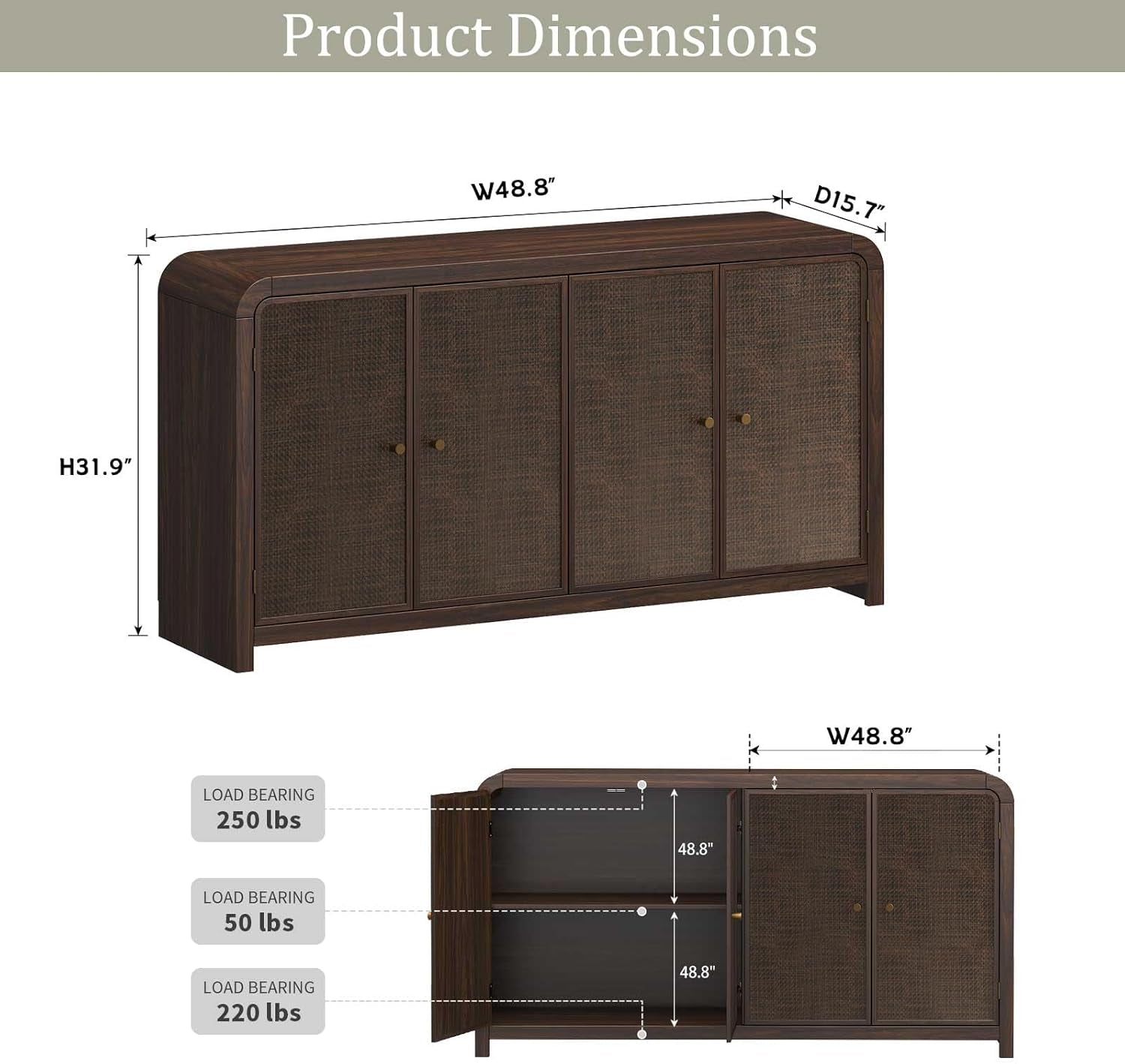 Oak Sideboard Buffet Cabinet with Storage, 60'' Boho Buffets & Sideboards with Adjustable Shelves, Rattan Sideboard Cabinet with 4 Doors for Living Room, Hallway & Kitchen