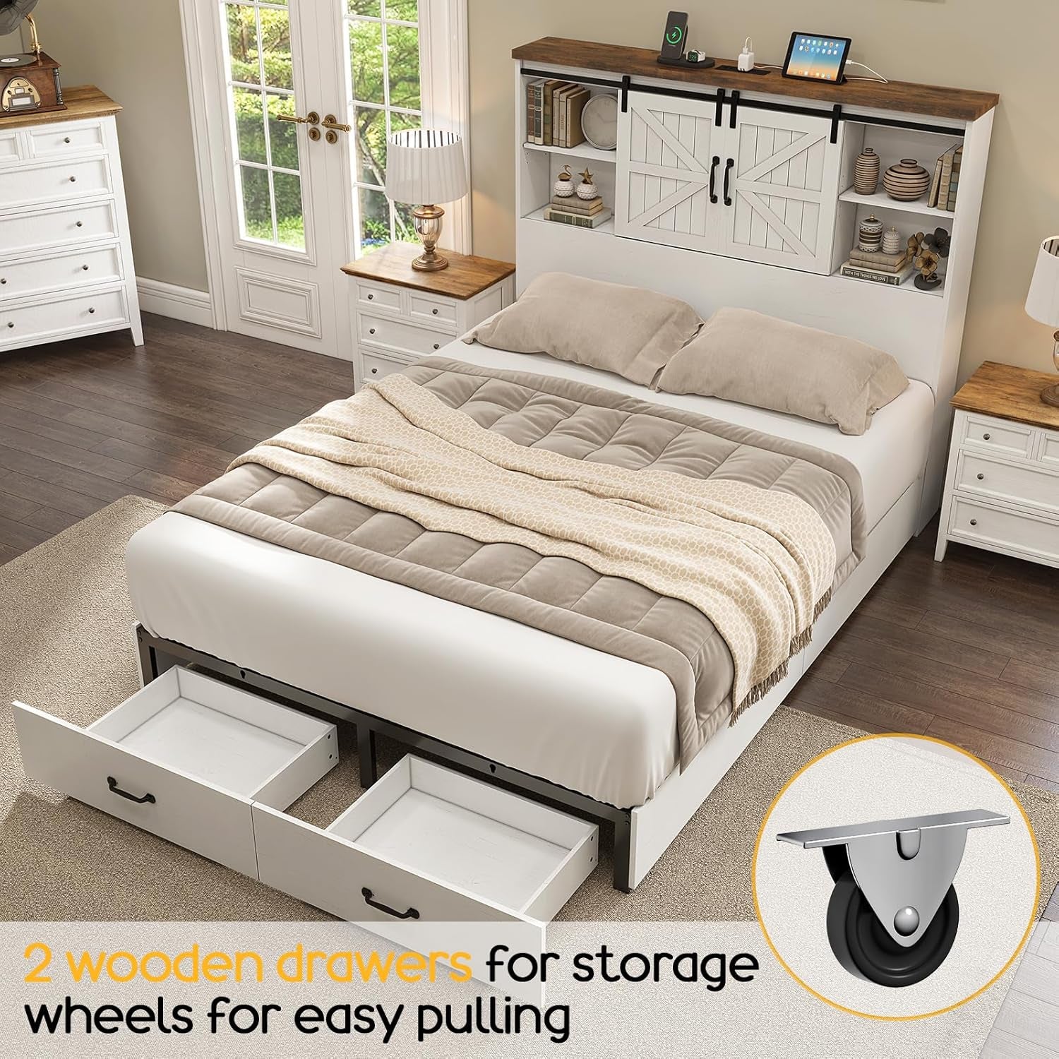 Queen Size Bed Frame with 51.2" Bookcase Headboard, Wood Platform Bed with Sliding Barn Door & Charging Station, Storage Bed with 2 Drawers, Farmhouse/No Box Spring Needed/White