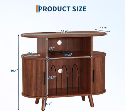 Large round Record Player Stand with Charging Station and USB Ports, Rustic Vinyl Record Player Turntable Stand Storage Cabinet with Open Shelves Holder Mid-Century Design