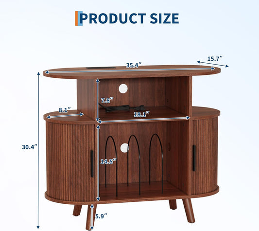 Large round Record Player Stand with Charging Station and USB Ports, Rustic Vinyl Record Player Turntable Stand Storage Cabinet with Open Shelves Holder Mid-Century Design