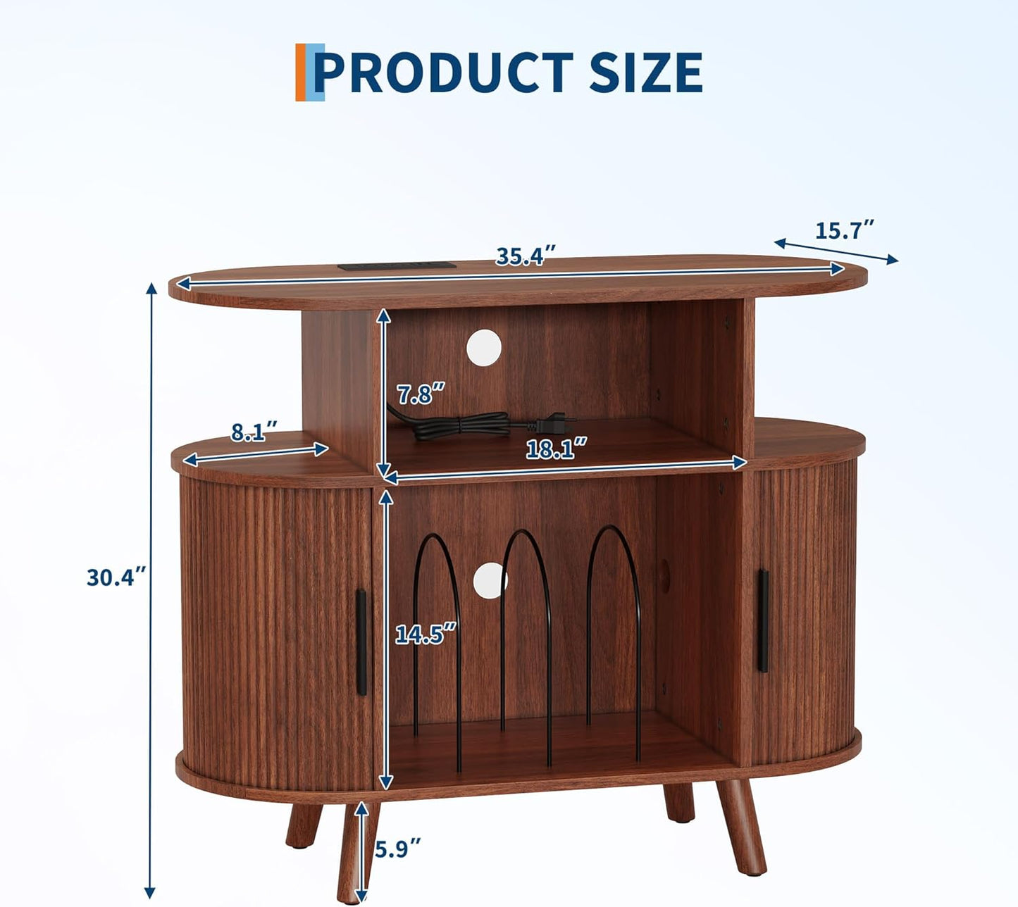 35'' Fluted Mid Century Modern Turntable Cabinet, Large round Record Player Stand with Charging Station and Display Shelf, Arched Wood Record Player Table for Living Room
